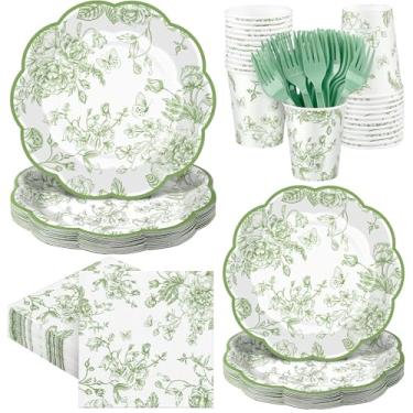 Imagem de Kochorie 144 peças de pratos e guardanapos de papel floral verde sálvia, suprimentos de festa, conjunto de utensílios de mesa com flores verdes e brancas, inclui pratos recortados vintage, copos de
