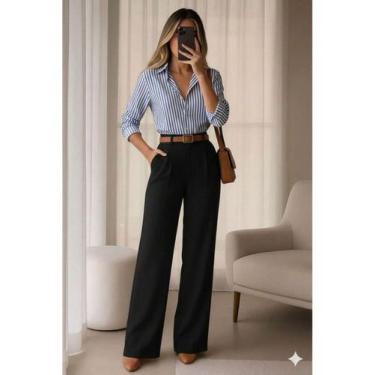 Imagem de Conjunto Elegância Executiva Calça Pantalona Camisa Social Listrada lo