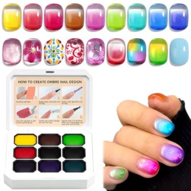 Imagem de Fcozpjk Gel de pintura gradiente, 9 cores gelatinosas neon gel esmalte transparente cores de verão transparente verde rosa ombré tinta gel unhas aura, blush, flores desabrochando, paleta de manicure
