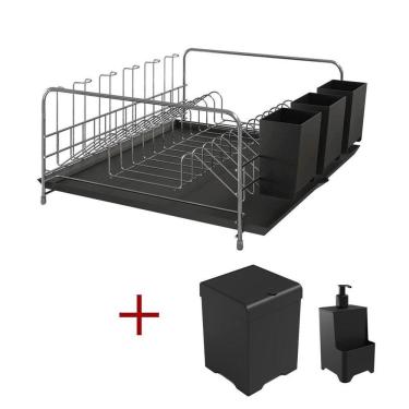 Imagem de Kit Cozinha Escorredor Com Bandeja + Lixeira 5,4l+ Dispenser Preto