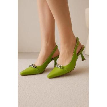 Imagem de Scarpin Aberto Feminino Atras Salto Taça 7cm Com Corrente Casual e par