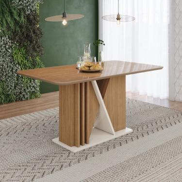 Imagem de Mesa Valine 160cm Canto Arredondado com Vidro Incolor Marrom/Off Whit