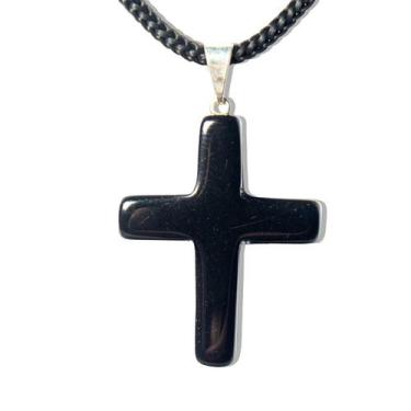 Imagem de Colar Crucifixo Pedra Onix Preto Natural Pino Prateado - CristaisdeCur