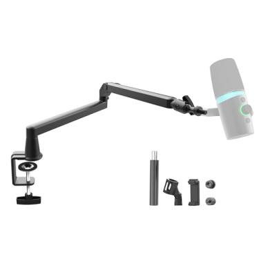 Imagem de Prizmora braço de microfone de perfil baixo 15cm riser extra braço de lança de microfone ajustável suporte de microfone montado em mesa de metal gerenciamento de cabos suporte de microfone f