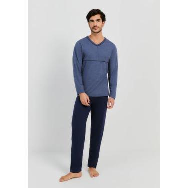 Imagem de Pijama Masculino Longo Com Decote V - Hering, M, Azul marinho
