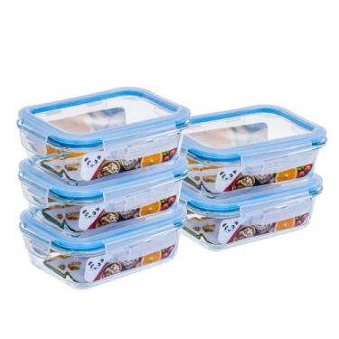 Imagem de Kit 5 Potes Herméticos vidro Retangular 640ml Marmita GP Home AZUL - L
