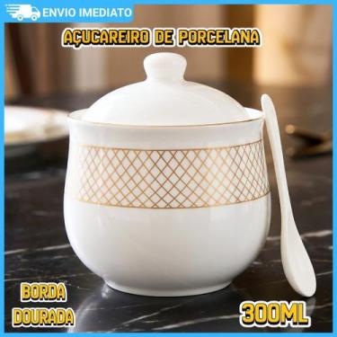 Imagem de Açucareiro De Porcelana Com Colher 300mL Branco Borda Dourada Luxo Caf