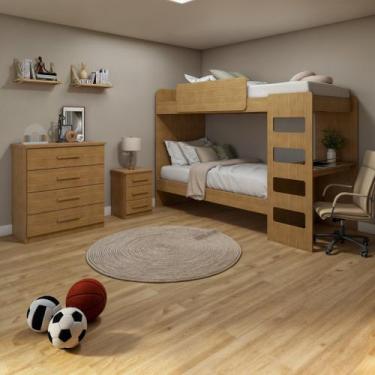 Imagem de Kit Quarto Infantil 4 Peças com Beliche Olga Cômoda e Mesa de Cabeceir