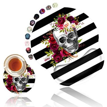 Imagem de Tapete de mouse ergonômico com suporte de descanso de pulso em gel, tapete de mouse antiderrapante com base em PU descanso de pulso para computador, laptop, jogos de escritório em casa, trabalho, digitação fácil e alívio da dor Flor de caveira + porta-copos