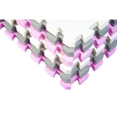 Imagem de Kit 12 Placas Tatame Tapete Eva Infantil 50x50x1cm Bebê - Rosa, Branco e Cinza