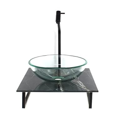 Imagem de KIT CUBA DE VIDRO REDONDA 10MM INCOLOR COM TAMPO DE VIDRO 40CM X 40CM MÁRMORE PRETO E SUPORTE PRETO