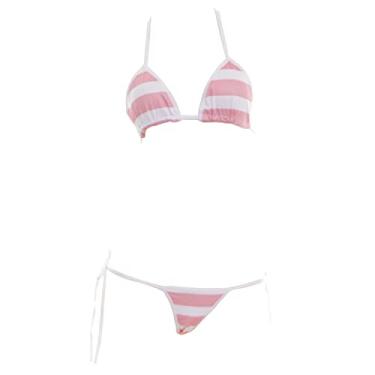 Imagem de SINMIUANIME Women Japanese Style Anime Lingerie Sexy Blue/Pink Striped Micro Bikini Cosplay Bra and Panty Set (497Pink)