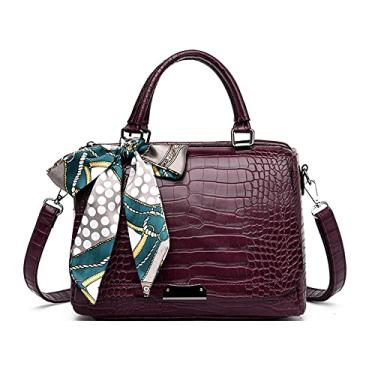 Imagem de Bolsa transversal elegante com aba para mulheres padrão de crocodilo moda alça superior bolsa de couro bolsa de mão, Roxa