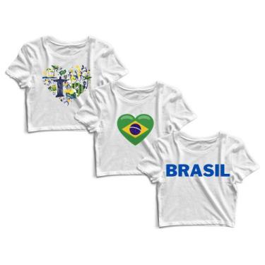 Imagem de Kit 3 Blusas Cropped Blusinha Camiseta Feminina Brasil Cristo Redentor