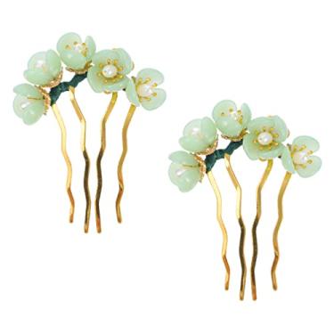 Imagem de 2 peças grampos de cabelo flor de vara de cabelo chinês flor vintage vara de cabelo chinês tradicional pino de cabelo hanfu chapéu para mulheres, verde