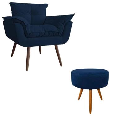 Imagem de Conjunto Poltrona E Puff Redondo Pés Palito Azul Marinho