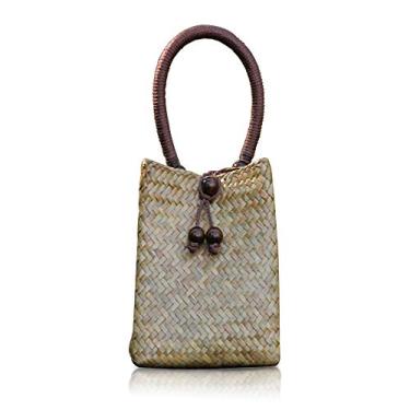 Imagem de QTKJ Mini bolsa de mão de palha retrô tecida à mão verão praia boho bolsa de viagem com pingente de borla de contas de madeira (bege), Vermelho, amarelo, laranja, azul, verde, cáqui, bege, 4.7''x