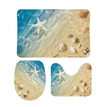 Imagem de Conjunto de 3 peças de tapete de banheiro para praia, estrela do mar, concha de mar, estilo chique, tapete antiderrapante + tampa de vaso sanitário + tapete de banheiro