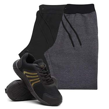 Imagem de KIT 2 Bermudas Masculina Moletom Conforto + Tenis Masculino Running Academia - Bermudas Preto/Grafite G - Tenis Dourado - 43