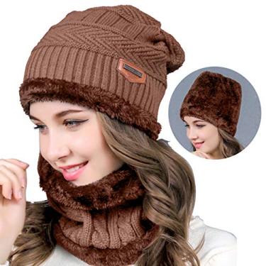 Imagem de Conjunto de cachecol feminino e masculino de inverno, gorro com círculo, forro de lã reversível, gorro de esqui, cachecol