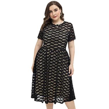 Imagem de Vestido feminino maxi de verão com renda floral e mangas curtas, plus size, preto, 4GG (busto 128 cm)