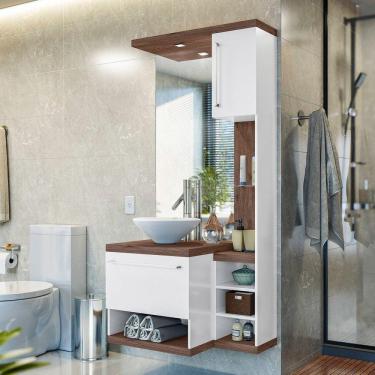 Imagem de Gabinete para Banheiro Espelhado 2 Portas 4 Nichos Arezzo Celta Móveis Nogal Ébano/Branco