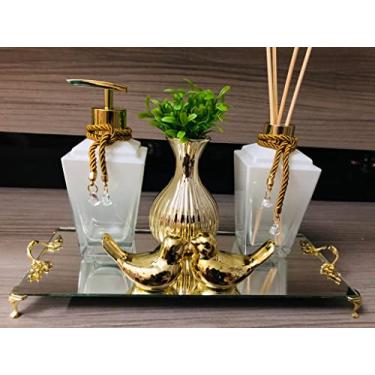 Imagem de Ateliê Criativa Art Decor Kit Lavabo Dourado Branco 6 Peças - Difusor Sabonete Bandeja - Ambiente Perfumado - Lavabo Decorado