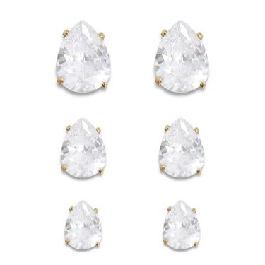 Imagem de Trio de Brincos Gota Zircônia Cristal Banhado a Ouro 18K Semijoia