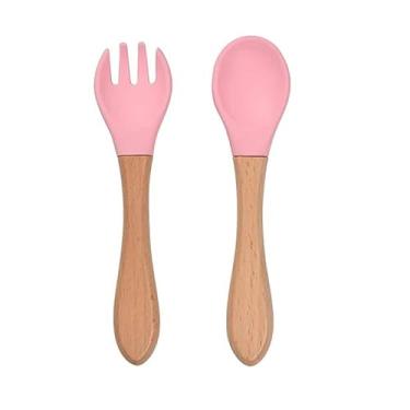 Imagem de Kit Talheres em Bambu ou Silicone Garfo e Colher Introdução Alimentar Macio (Rosa Bambu)