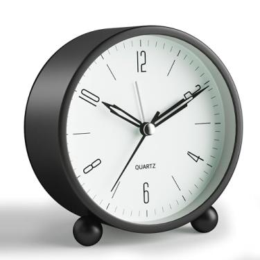 Imagem de Despertador analógico, relógio pequeno super silencioso de 10 cm, sem tique-taque, com luz noturna, funciona a bateria, design simples, decoração preta estilo antigo, para quarto, cabeceira, mesa,