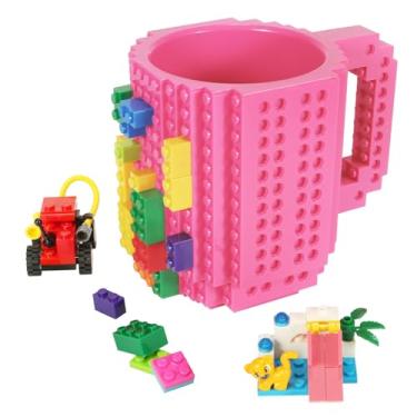 Imagem de Lumsburry Caneca de café de tijolo embutida, copo divertido DIY novidade com blocos de construção criativo para crianças homens mulheres aniversário de Natal (rosa)