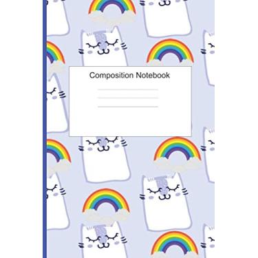 Imagem de Caderno de composição bonita: gatos fofos com nuvens com arco-íris.: Caderno de papel pautado para crianças - estudantes - meninas