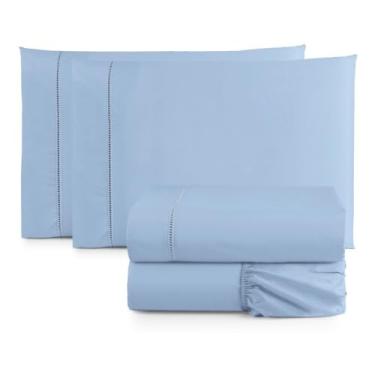 Imagem de Jogo de Cama Casal Queen Percal 400 Fios Ponto Palito 04 Peças, Antiácaro, Não faz bolinha Toque Extra Macio (Azul)