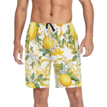 Imagem de CHIFIGNO Shorts de pijama para homens, shorts de dormir lounge, shorts de moletom com bolsos e cordão, Limão amarelo e flores fofas, G