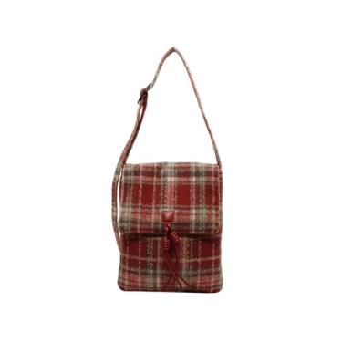Imagem de Bolsa de ombro tartan feminina de tweed vintage bolsa tiracolo bolsa alça superior, Vermelho, One Size