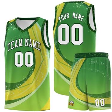 Imagem de Camiseta de basquete personalizada - Número do nome do time personalizado uniforme esportivo para homens mulheres jovens, Kelly verde e amarelo-56, One Size
