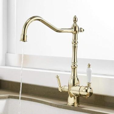 Imagem de Torneira com filtro de água de 3 vias, torneira para beber de cozinha, pia, misturador, bico giratório de latão com 2 alças-torneira de cozinha, torneiras de cozinha douradas