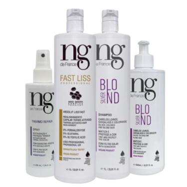 Imagem de Kit NG de France Fast Liss Realinhamento Capilar Vegano 1L + Silver Blond Shampoo Loiras 1L e tratamento Matizador Desamarelador 500g + Spray Thermo Repair Protetor Térmico Filtro Solar 200ml
