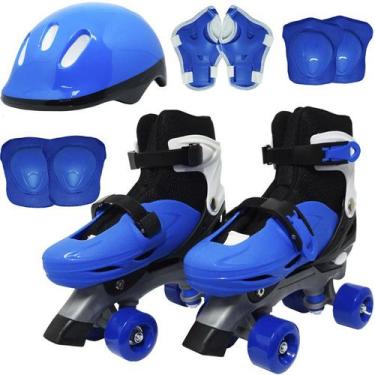 Imagem de Patins Clássico Quad 4 Rodas Roller + Acessórios Masculino Azul Tam 29