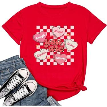 Imagem de SUEOSU Camiseta feminina retrô Love Valentines Day Be Mine Cute Coffee Latte Valentine Aquarela Pink Hearts Graphic Tee., Vermelho - 2, G