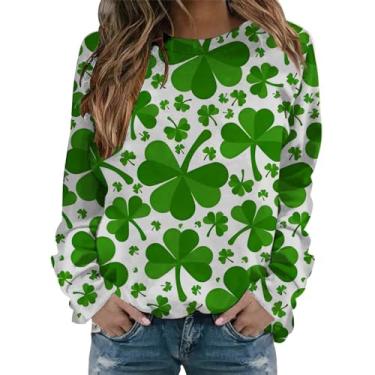 Imagem de Camisetas femininas de manga comprida com estampa de bandeira irlandesa americana verde de São Patrício e gola redonda, Verde menta, XXG