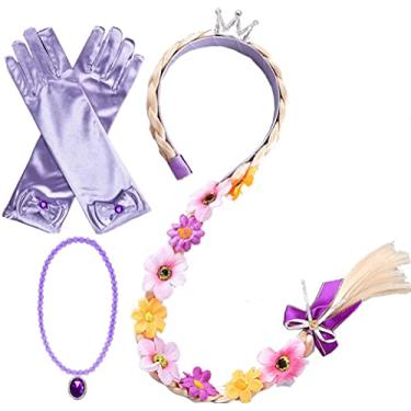 Imagem de Peruca princesa Rapunzel Trança Rapunzel Cosplay Peruca de Cabelo Longo com Luvas Trançadas Colar Acessórios de Vestir para Meninas (roxo1)