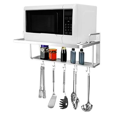 Imagem de QWORK Prateleira para forno de micro-ondas, suportes de forno elétrico para montagem na parede, suporte de alumínio de camada dupla para micro-ondas e especiarias, 2 prateleiras com 10 ganchos,