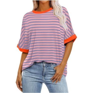 Imagem de Camisetas femininas com estampa gradiente casual de verão de gola redonda moderna túnica leve para o verão, Vermelho, XXG