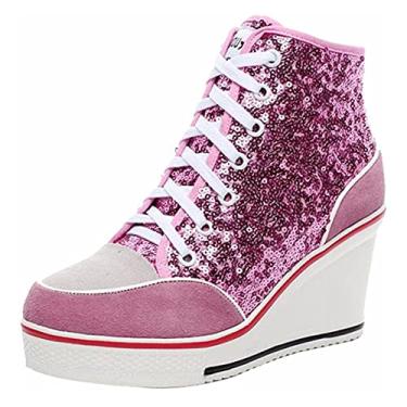 Imagem de ALLINNINE Tênis feminino de salto alto moderno de lona cano alto com cadarço borda cunha zíper inclinado sapatos tamanho 4-11, Lantejoulas rosa, 39