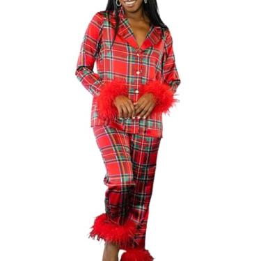 Imagem de LELEBEAR Kris Kringle Pijama Papai Noel, Pijama feminino com estampa de Papai Noel, conjunto de pijama feminino com acabamento de penas e botões, Vermelho, P