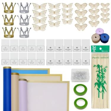 Imagem de Woohome Kits de papel de embrulho, buquê de flores, papel de embrulho floral com decoração de borboleta 3D, alfinetes de diamante, fitas, coroas para florista (champanhe azul roxo)
