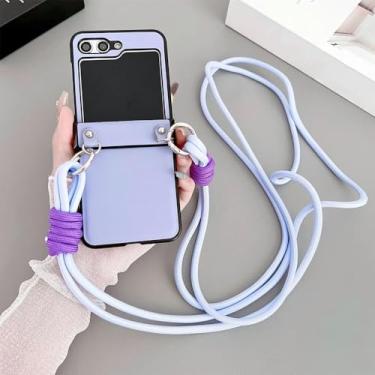 Imagem de Capa de telefone de couro PU com alça de pulso crossbody para Samsung Galaxy Z Flip 5 4 3 Flip5 Flip4 Flip3 5G Capa dura, corda longa roxa, para Galaxy Z Flip3