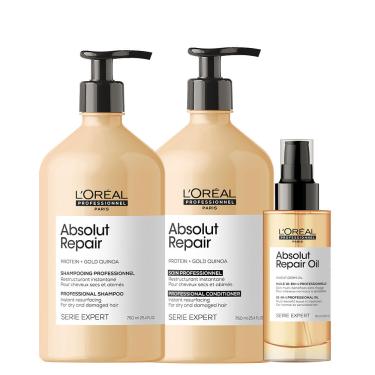 Imagem de Kit L'oréal Professionnel Serie Expert Absolut Repair Gold Quinoa - Shampoo 750 Ml + Condicionador 750 Ml + Óleo 90 Ml