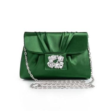 Imagem de Coucoland Bolsas clutch para mulheres - Bolsa de cetim para noite plissada, bolsa tiracolo com strass enfeitada para festa de casamento, Verde